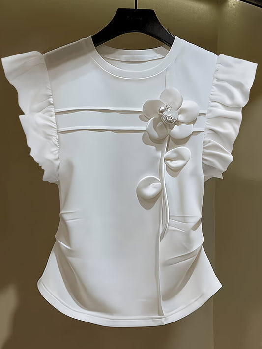Pleated Floral Short Sleeve T-Shirt,