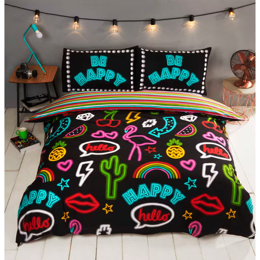 Neon Glow "Be Happy" Polycotton Reversible Duvet Cover Set