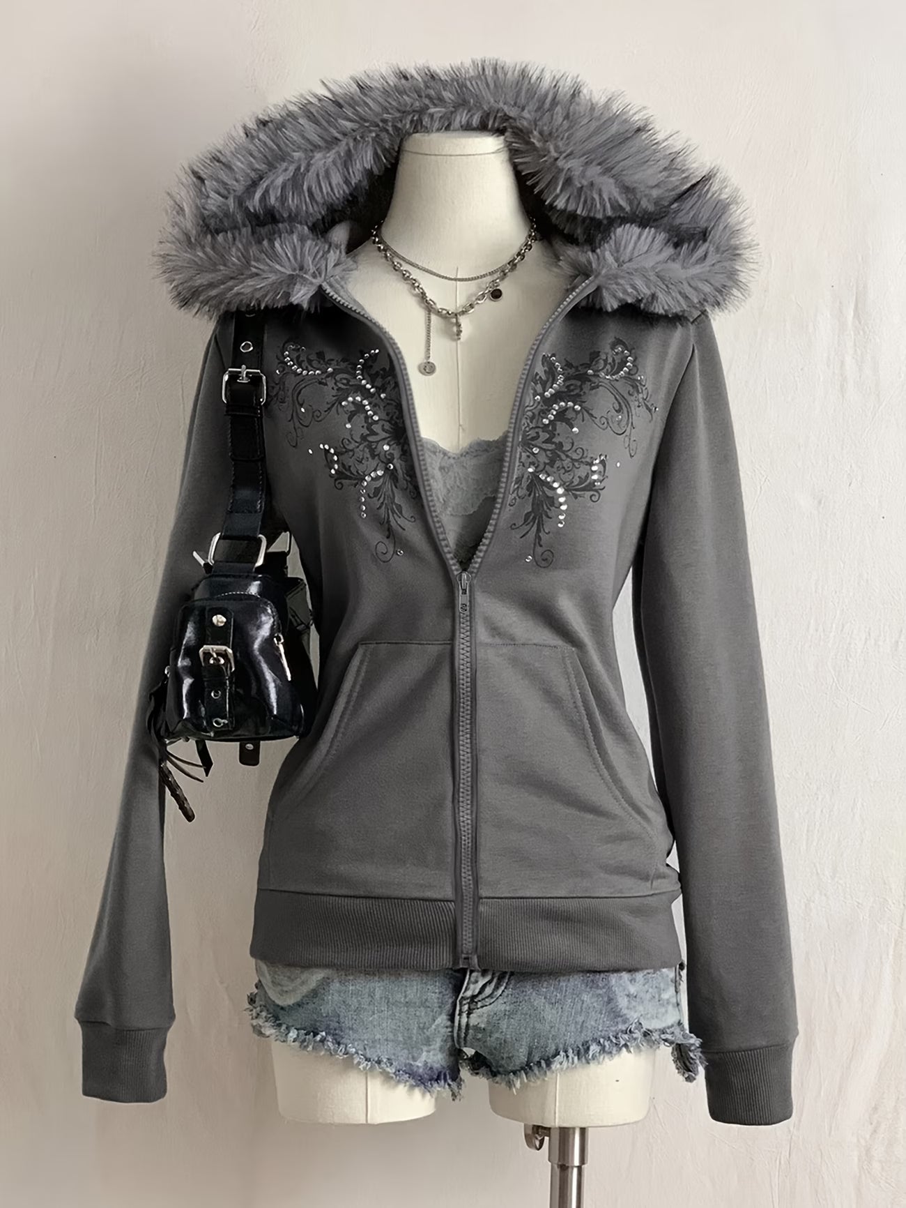 , American Retro Gray Patterned Hoodie with a Trimmed Hood,