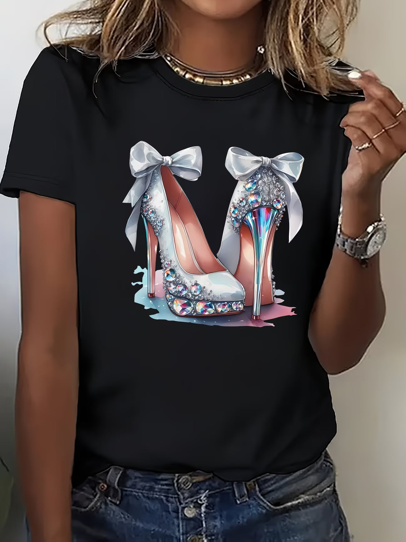 Diamond Bow & High Heel Print T-Shirt
