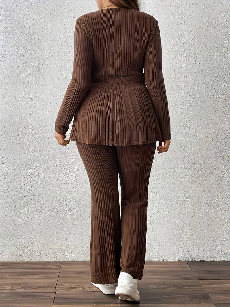 , Women's Plus Size Striped Drawstring Ruffle Top and Loose Pants,