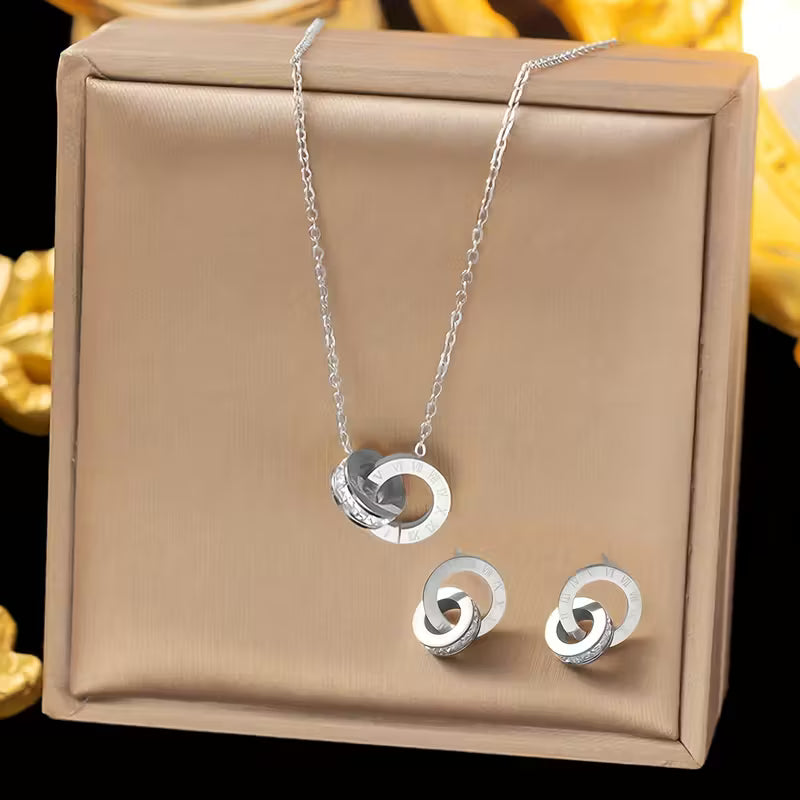 [Elegant Stainless] Stainless Steel Necklace And Earrings Sets