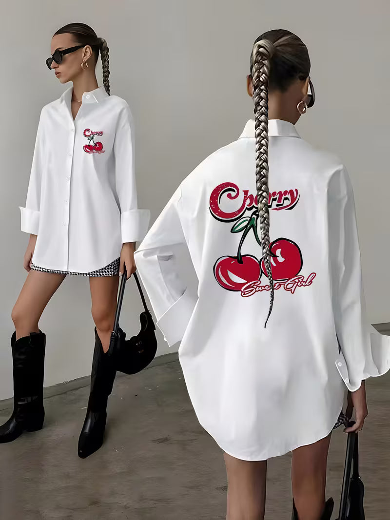 Women'S Casual Shirt with Cherry Graphic Back Print