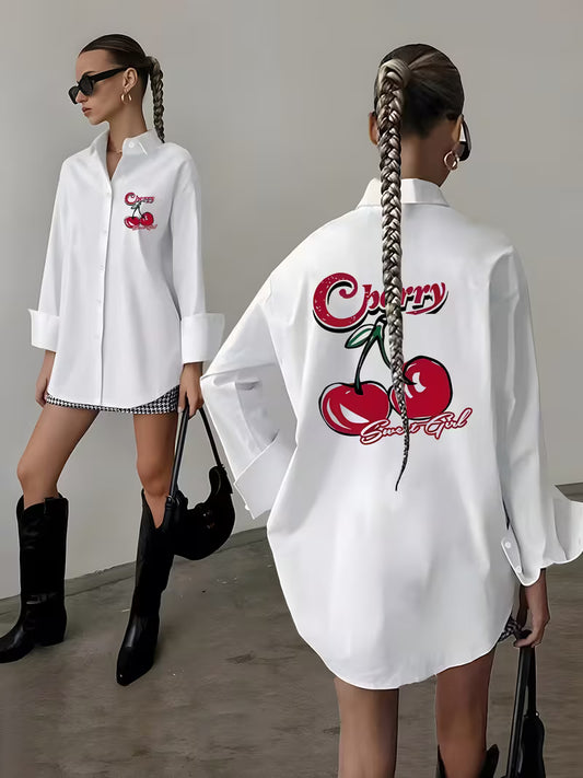 Women'S Casual Shirt with Cherry Graphic Back Print