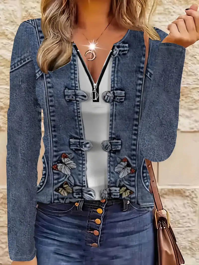 Women'S Imitation Faux Denim Patchwork Zip-Up Top