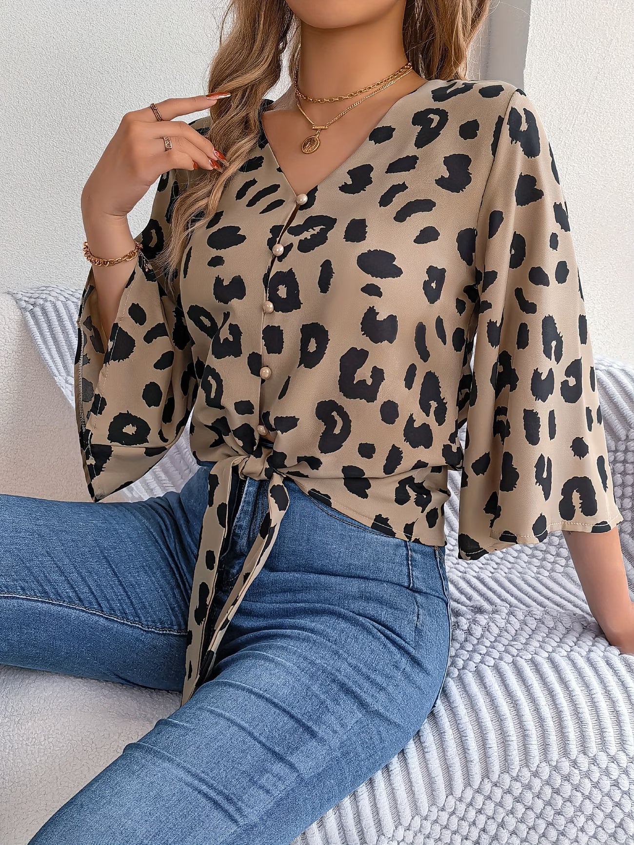 Women's Leopard Print 3/4 Sleeve Top