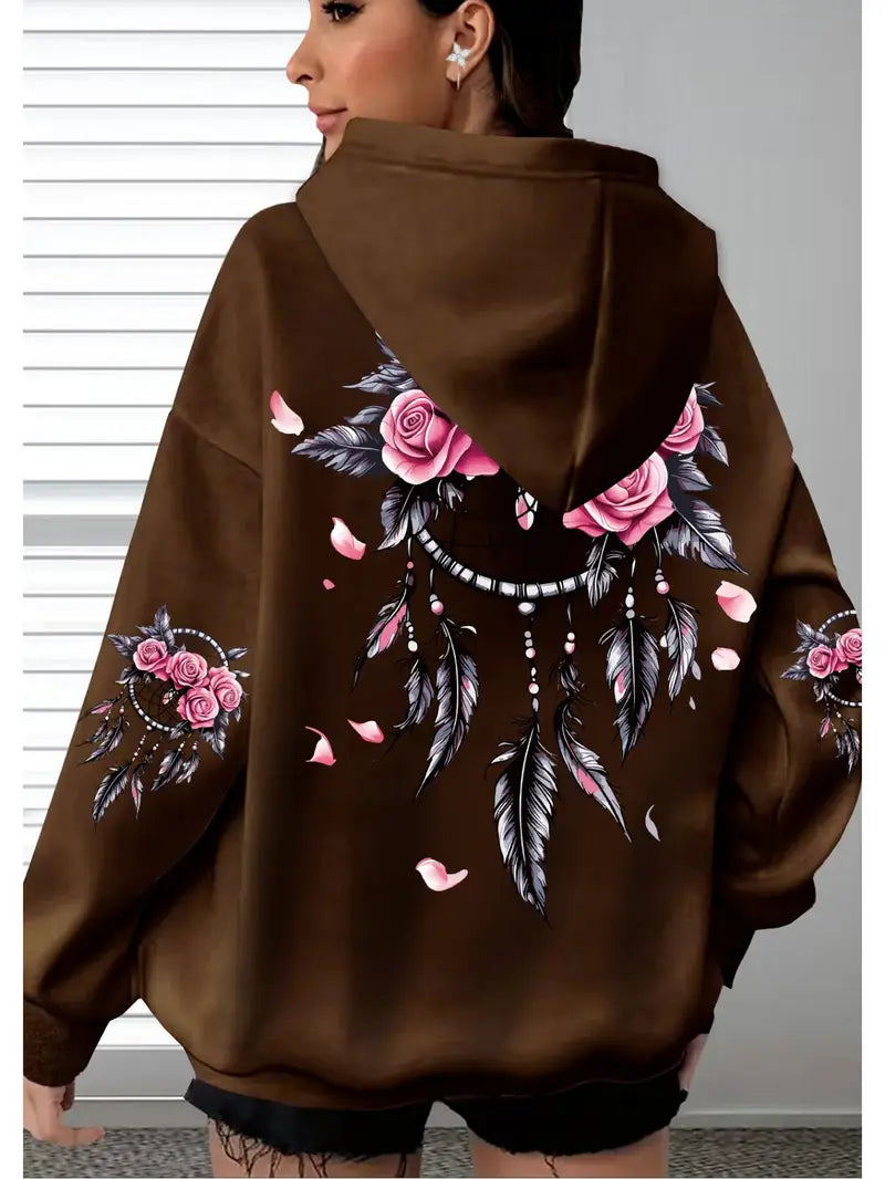 Women's Oversized Hoodie with Floral Turtle Graphic Print