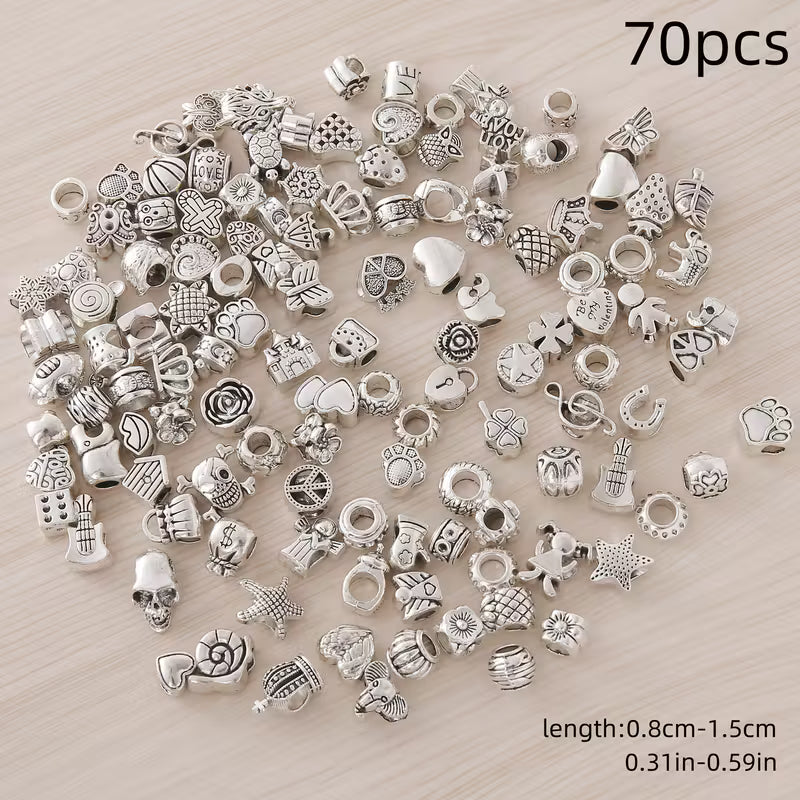 70pcs Mixed Vintage Style Large Hole Charm Beads Set,