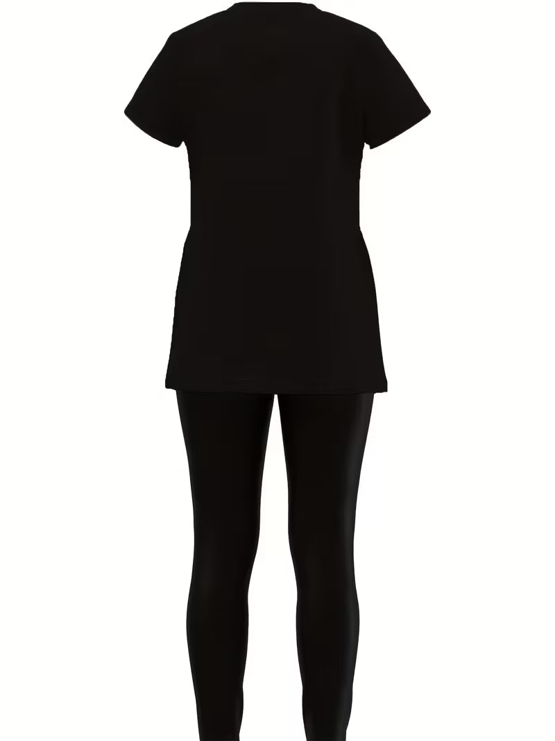 Women'S Casual Printed Short Sleeve Top and Tight Pants Set