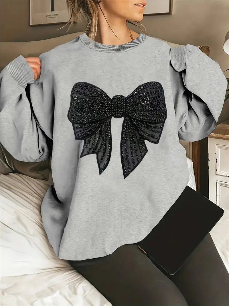 Women'S Casual Long-Sleeve Sweater with Sparkling Bow Print