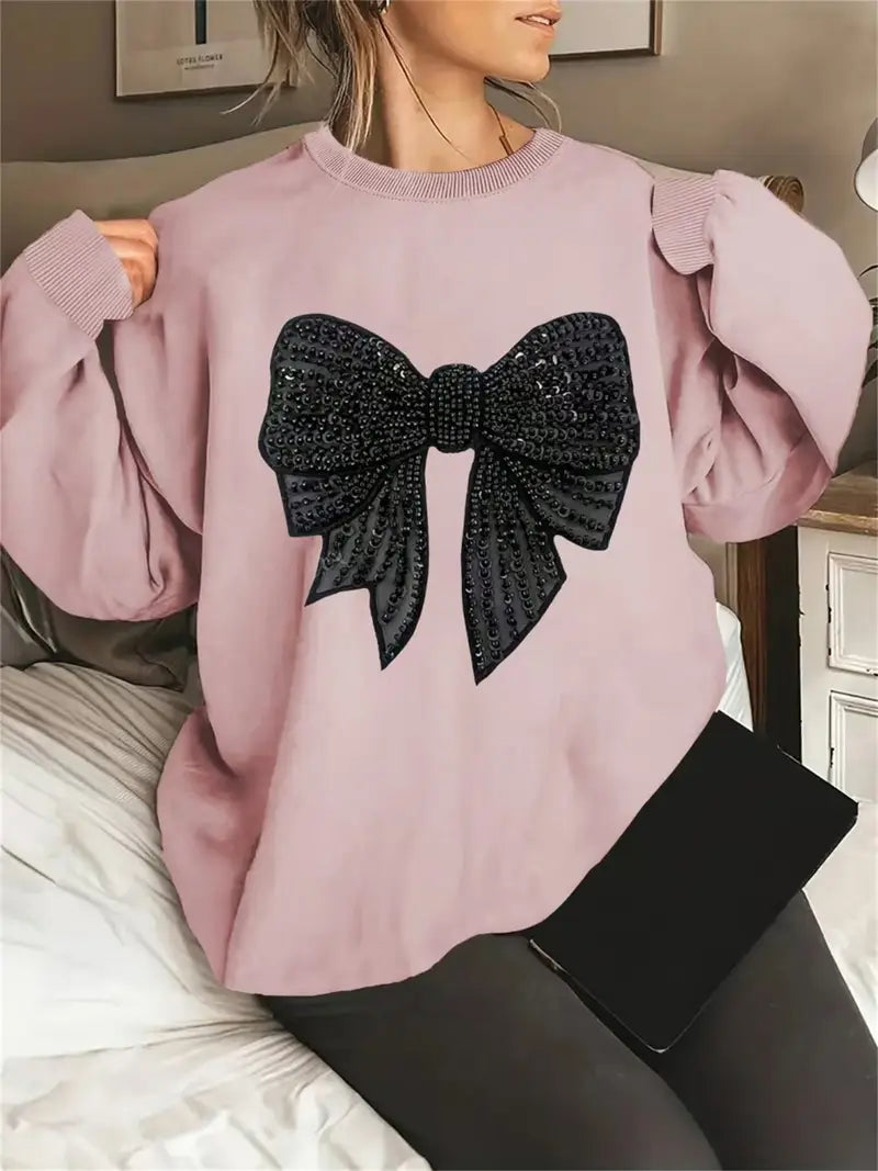 Women'S Casual Long-Sleeve Sweater with Sparkling Bow Print