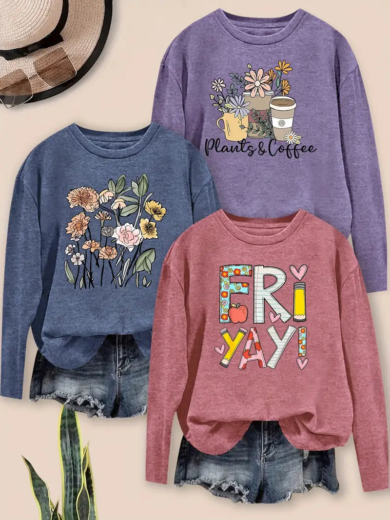 3pcs Women'S Vintage Floral & Heart Print Long Sleeve T-Shirts