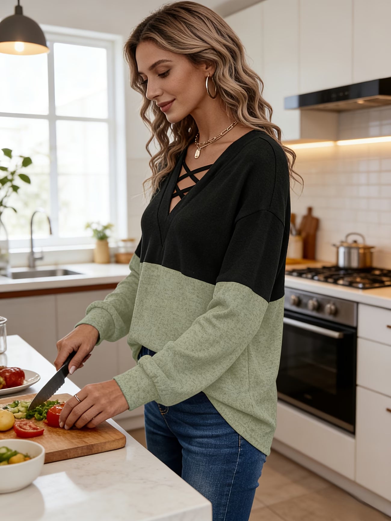 Plus-Size Color Block Long Sleeve V Neck Sweatshirt