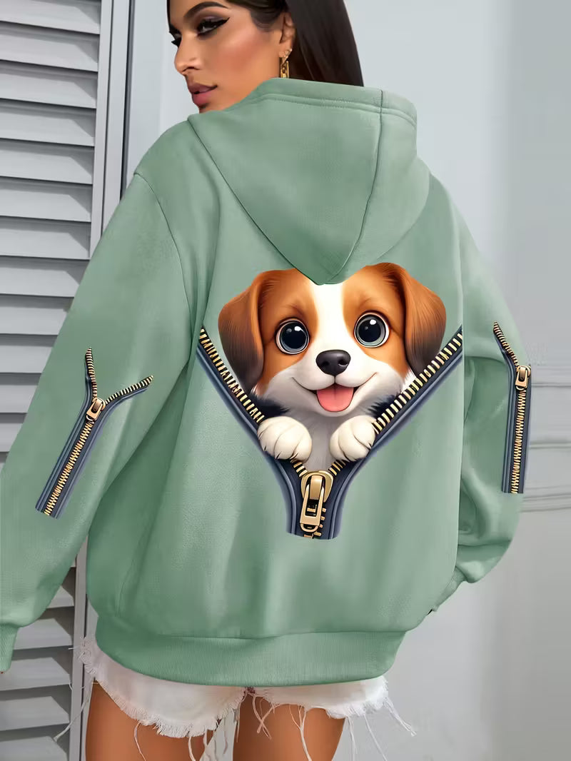 Plus Size Women's Cute Puppy Print Hoodie