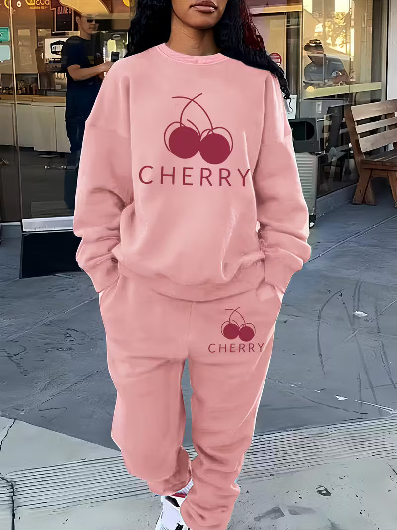 Cherry Print Women'S Casual Tracksuit