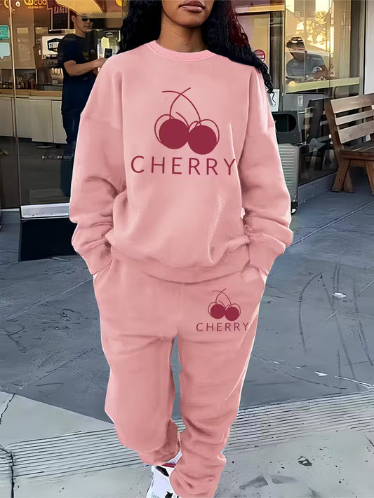 Cherry Print Women'S Casual Tracksuit