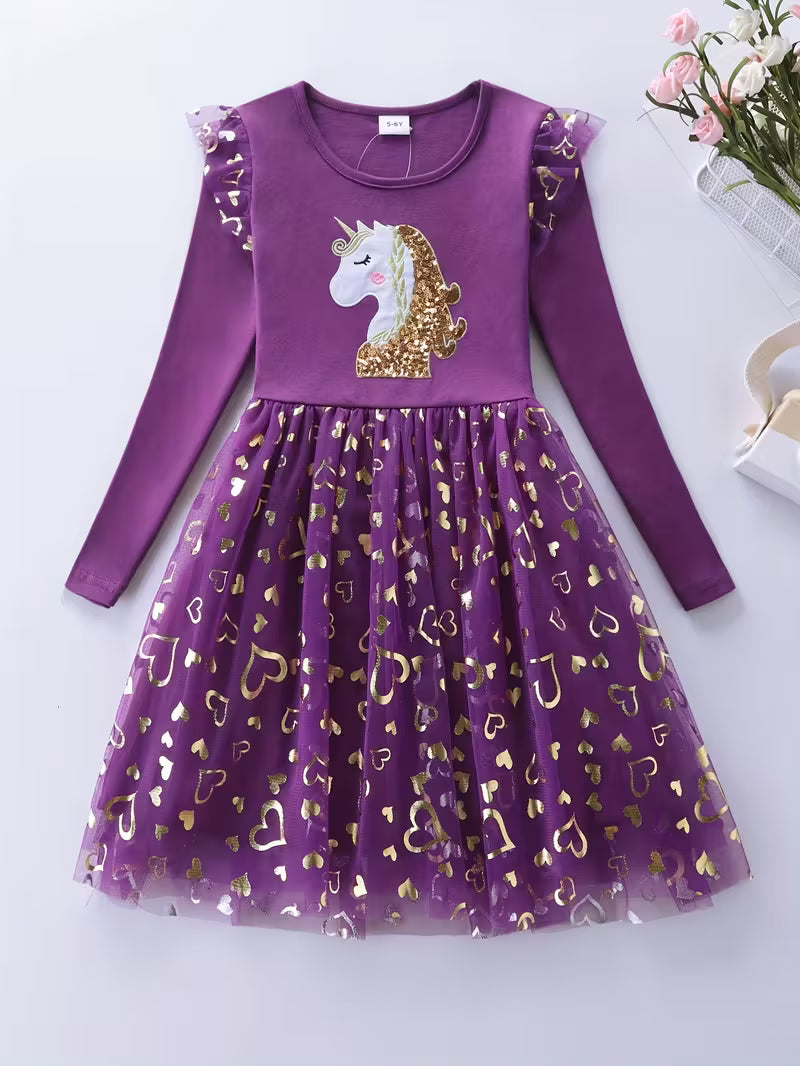Unicorn Sequin Long Sleeve Girls Princess Dress