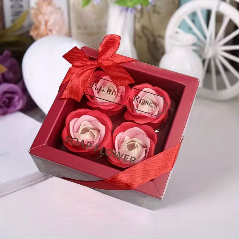 4pcs Rose Soap Flower Gift Box with Red Ribbon