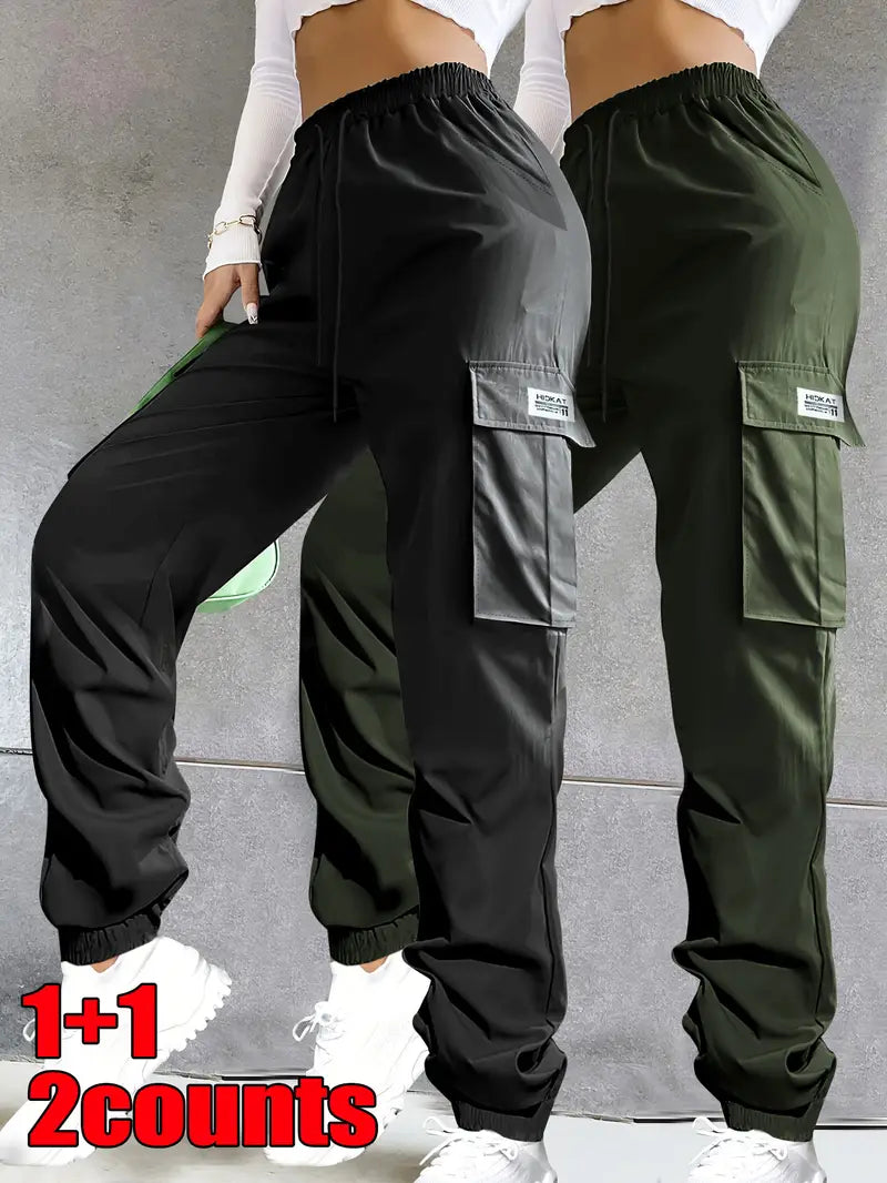 2pcs Women's Solid Color Casual Cargo Pants with Elastic Waistband,