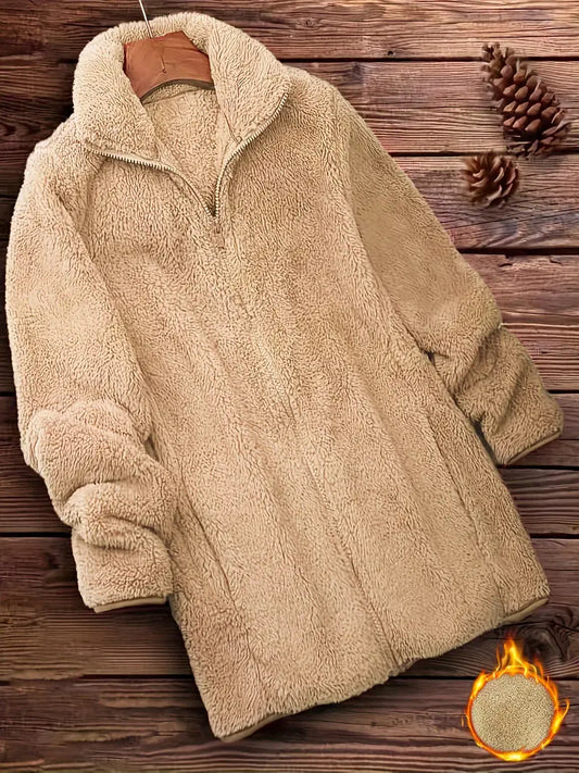 Long Sleeve Solid Zip Up Teddy Coat,