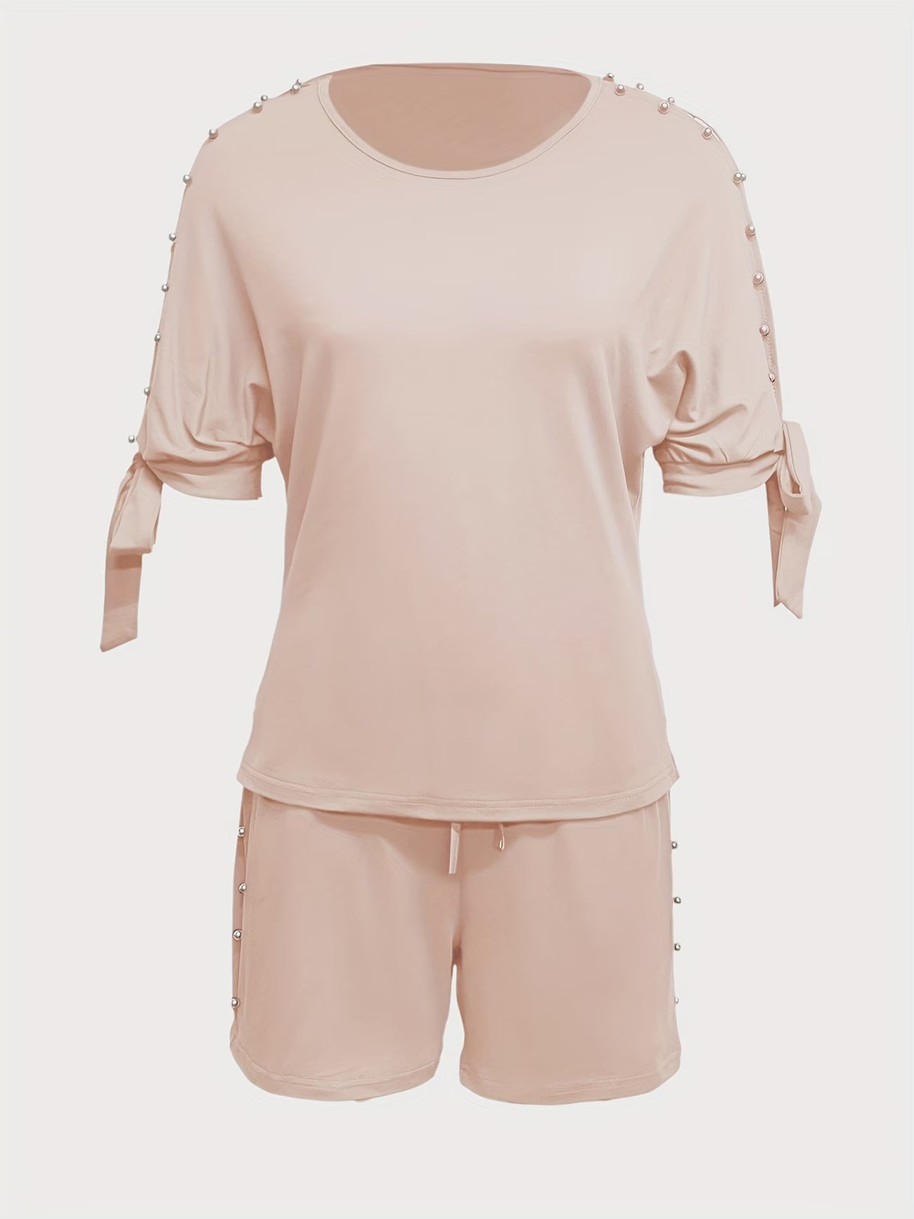 Women's Pearl Detail Co-ord Set | Mid-Sleeve Top & Shorts