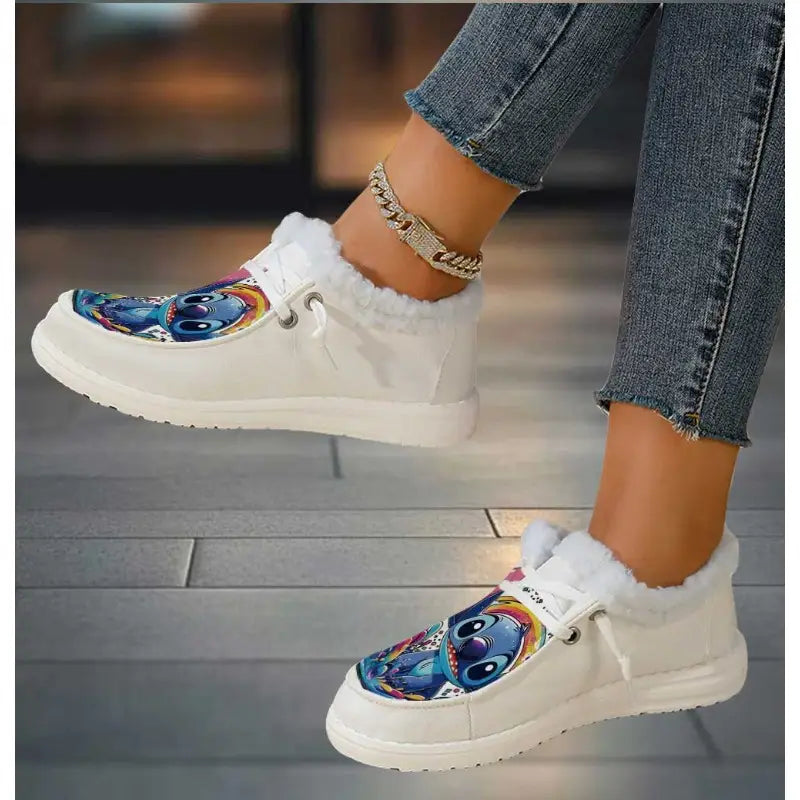 Women's New Cartoon Stitch 2D Print Plush Cuffline Ultra-Warm Fluffy Slippers