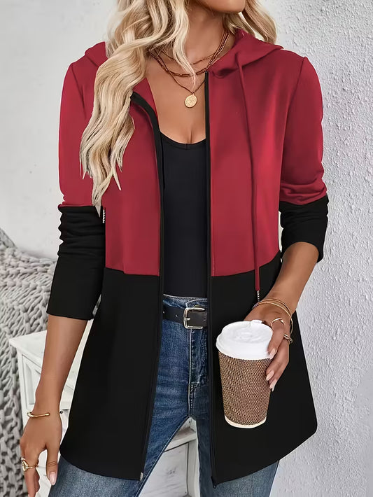 Women's Burgundy & Black Color Block Hooded Jacket