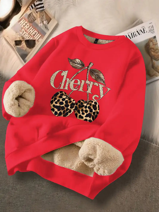 Women's Fleece Sweatshirt with Cherry & Leopard Print