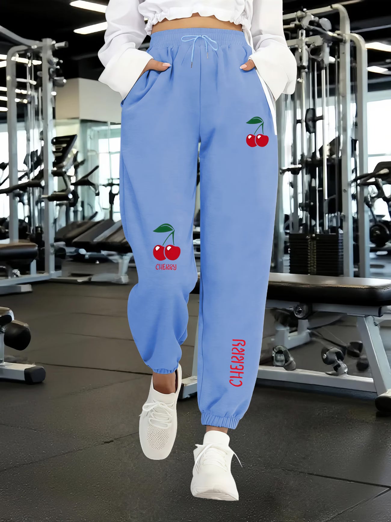 Women's Sports Pants with Fresh Cherry and Letter Print Design