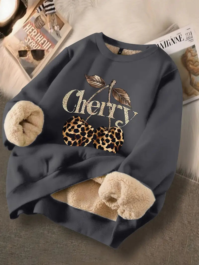 Women's Fleece Sweatshirt with Cherry & Leopard Print