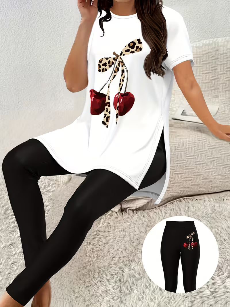 Women'S Casual Printed Short Sleeve Top and Tight Pants Set