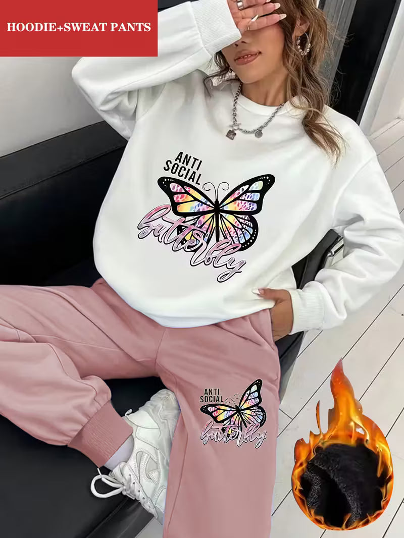 2pcs Women's Y2K Butterfly & Social Graphic Sweatsuit Set