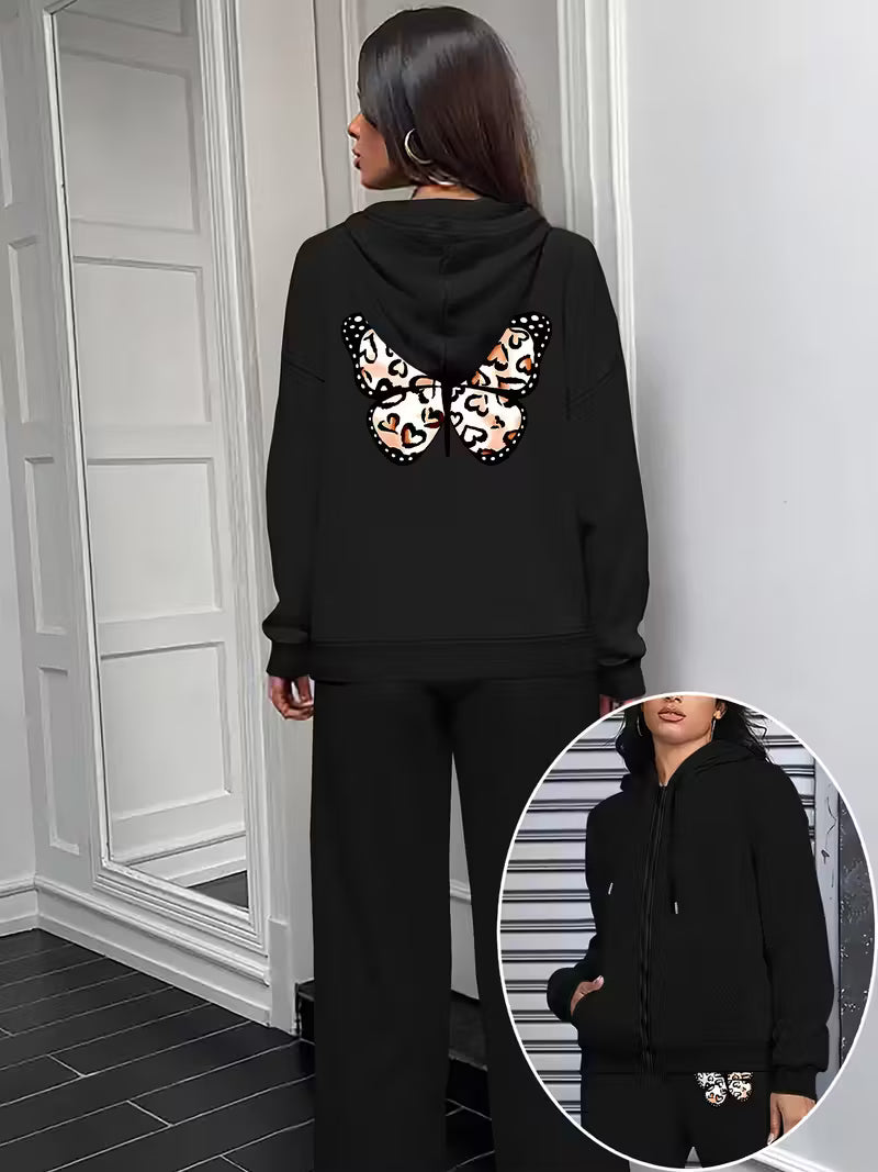 Graphic Print Two Piece Set, Hoodie & Pants,