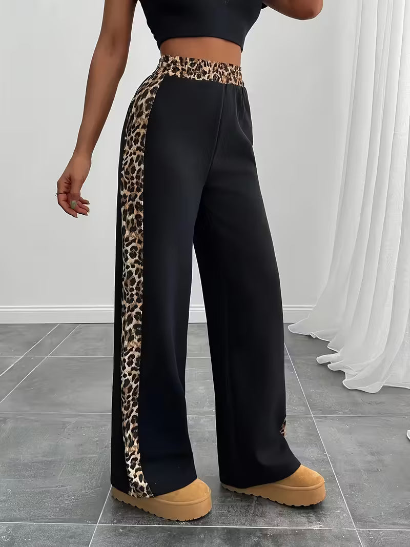 High-Waist Elastic Waist Wide-Leg Casual Pants with Leopard Print