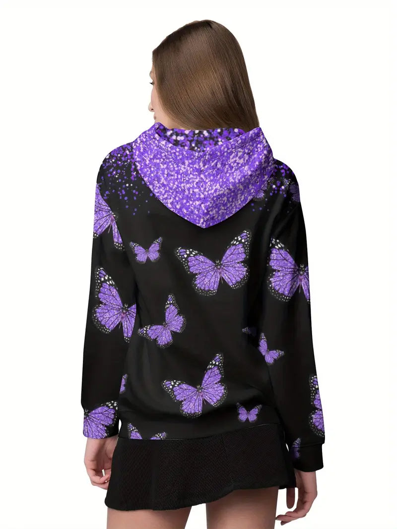 Women's Black Hoodie with Purple Butterfly Print