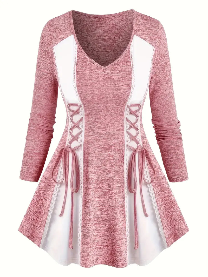 Women'S Stretchy Pink Rose Print V-Neck Long Sleeve T-Shirt