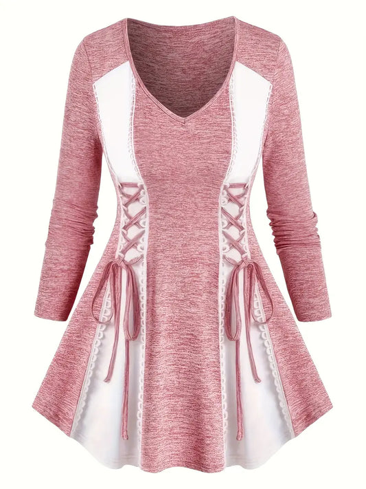 Women'S Stretchy Pink Rose Print V-Neck Long Sleeve T-Shirt