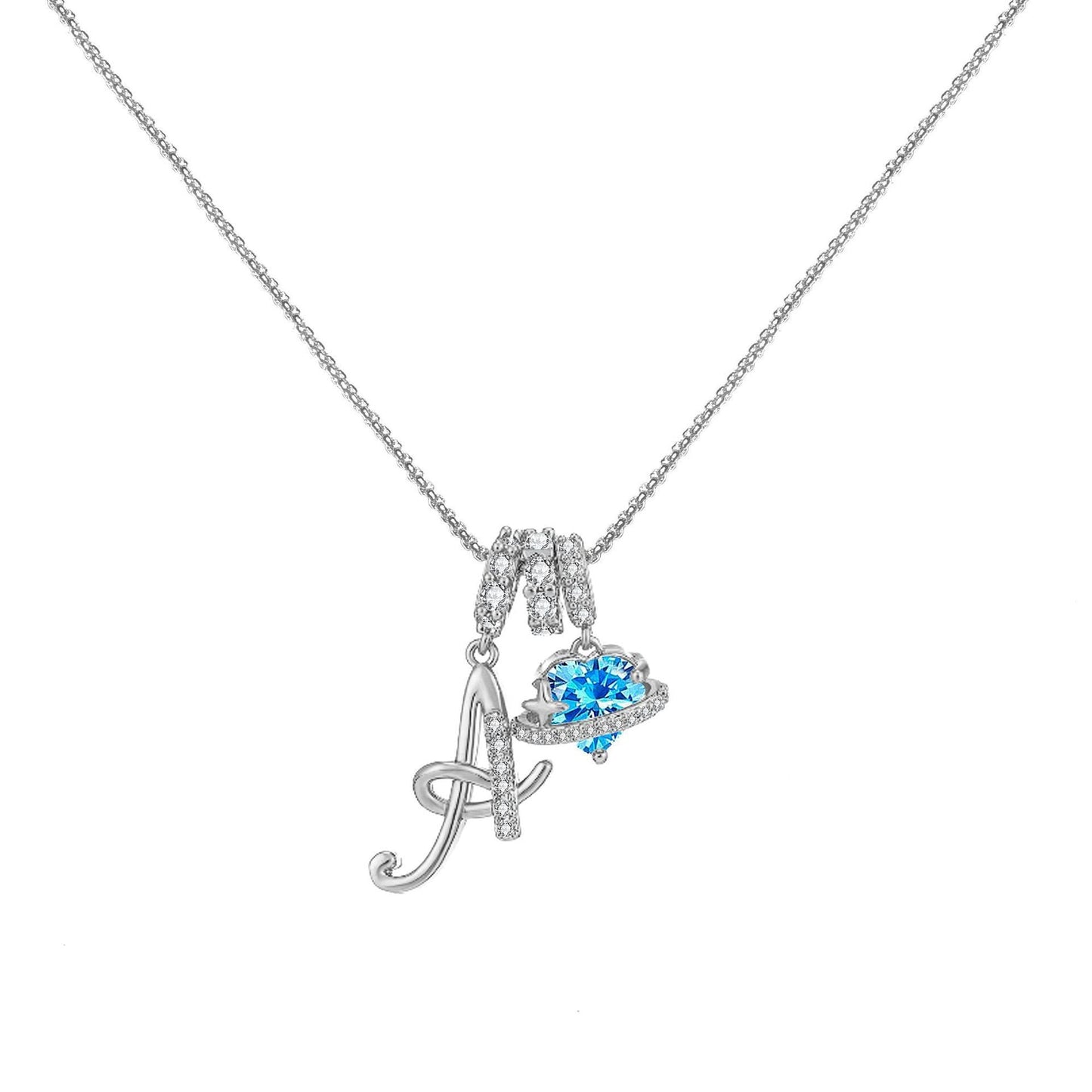 A-Z Alphabet Elegant Blue Heart Necklace with Zircons