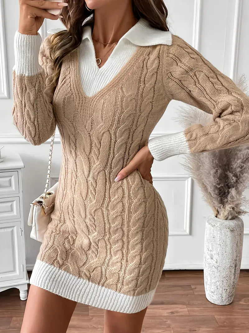Women's Autumn Winter Color-Block Long Sleeve Slim-Fit Sweater Dress