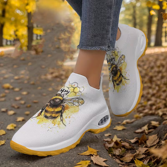Women's Breathable Knit Sneakers with Bee Print