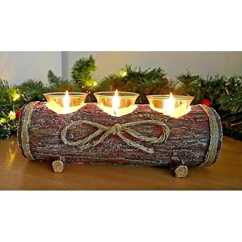 Modern Rustic Log Christmas candle Tea Light Holders with 3 Stylish Glass Candle Holder