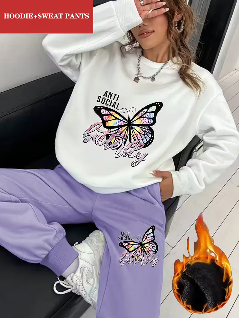 2pcs Women's Y2K Butterfly & Social Graphic Sweatsuit Set