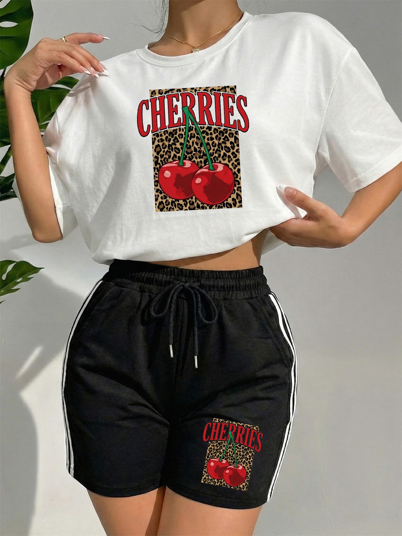T-Shirt And Shorts Set with a Casual Letter Pattern And Cherry Print