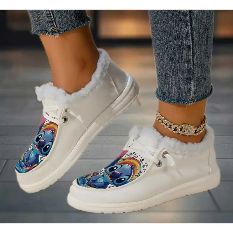 Women's New Cartoon Stitch 2D Print Plush Cuffline Ultra-Warm Fluffy Slippers