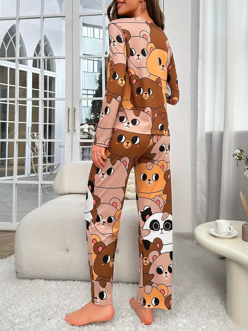 Cute Cartoon Printed Bear Pants Pajamas Set