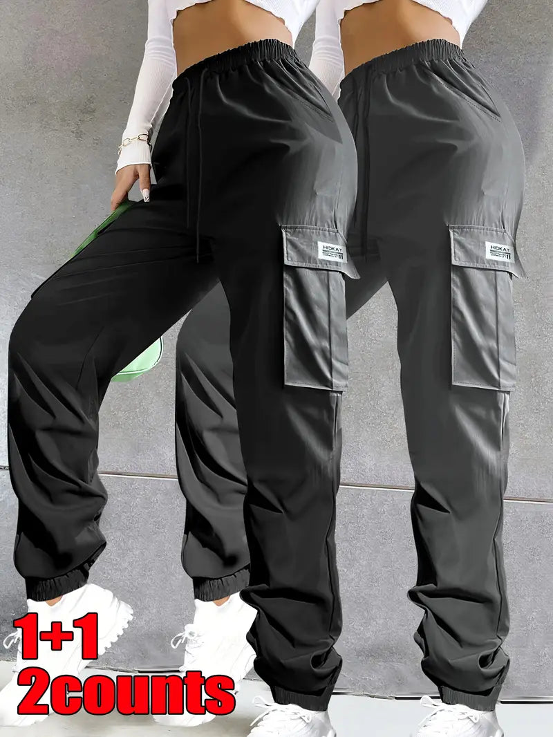 2pcs Women's Solid Color Casual Cargo Pants with Elastic Waistband,