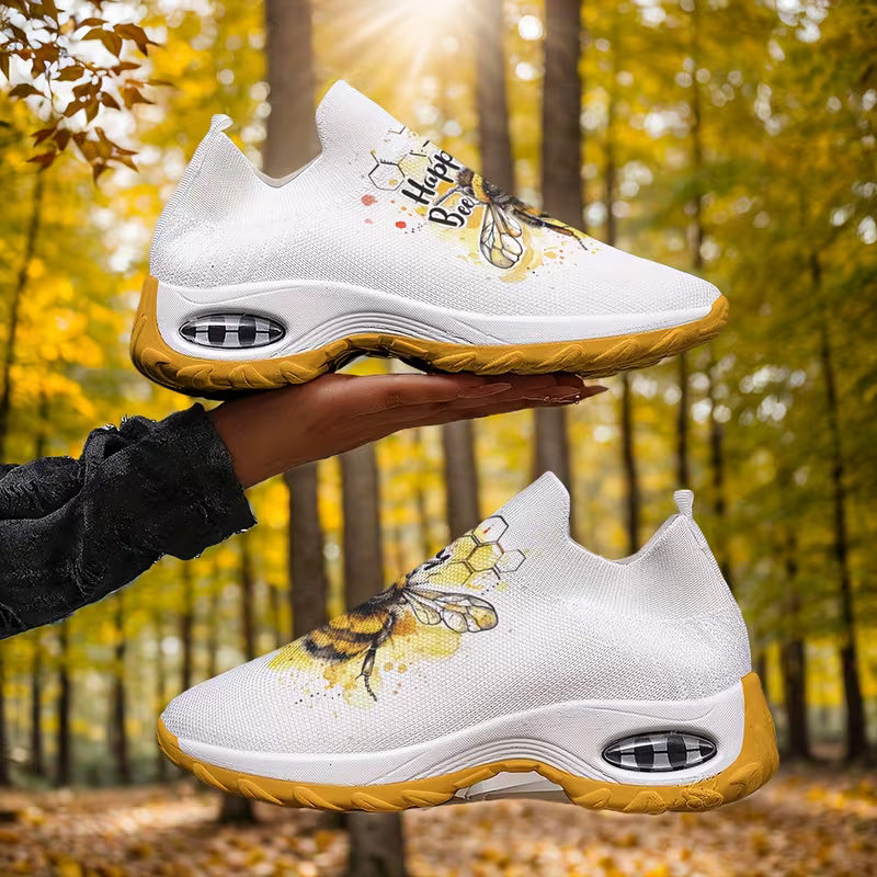 Women's Breathable Knit Sneakers with Bee Print