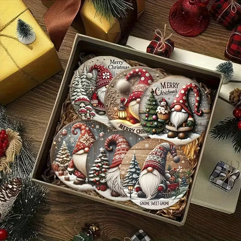 6pcs Christmas Gnome Pattern Wooden Coasters