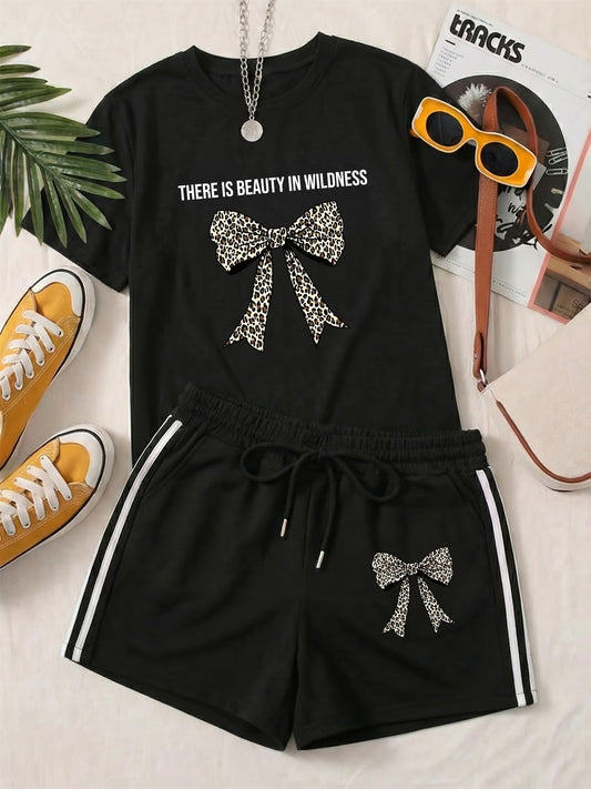 Bow & Stripe Co-ord Set — Relaxed Tee & Striped Shorts