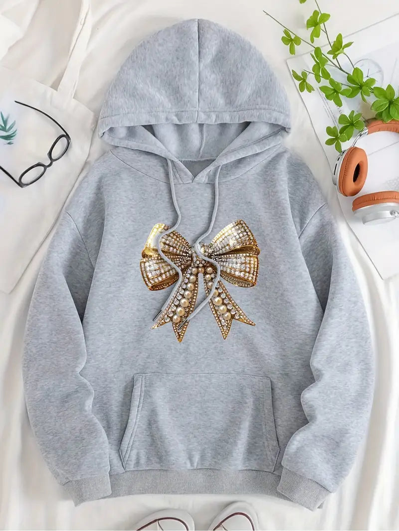 Hoodie with Golden Pearl & Bow Print,